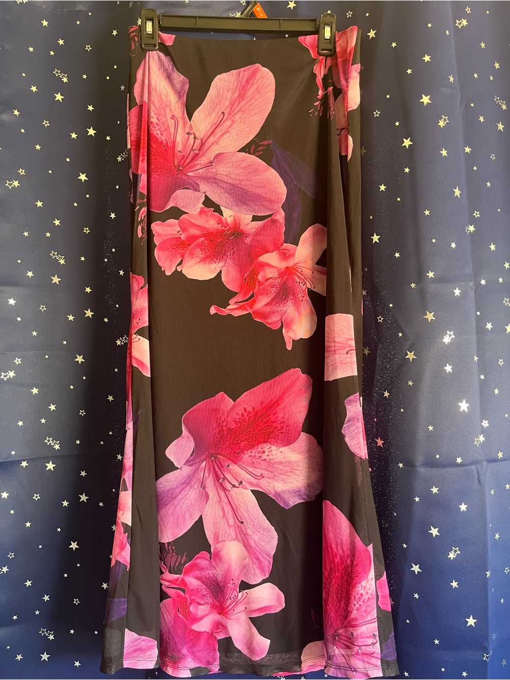 No Boundaries Black Maxi Skirt with Bright Pink Floral Print